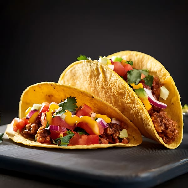 Two Los Comparres tacos filled with ground beef, cheese sauce, tomatoes, onions, and cilantro.