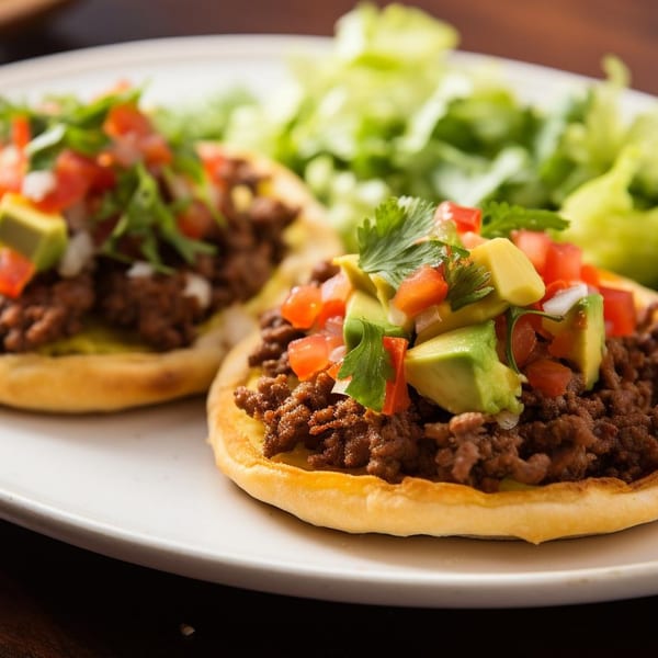 Two Los Comparres sopes with ground beef, avocado, diced tomatoes, onions, and cilantro, served with lettuce.